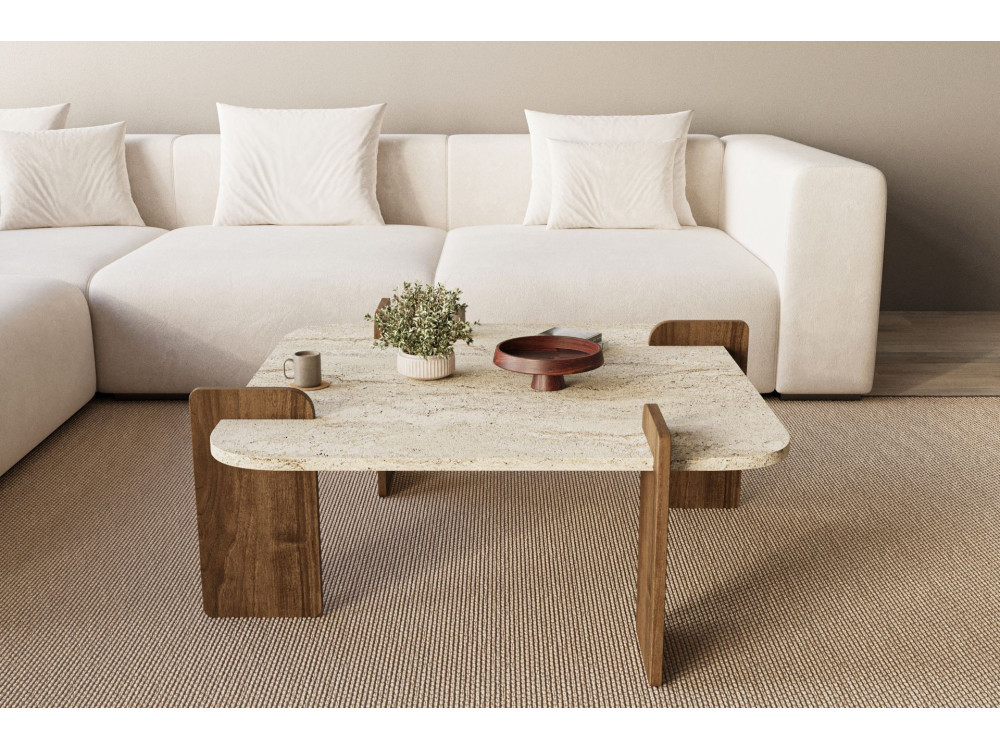 Mesa baja de madera "Afrolli" - 90 x 90 x 35 cm - Travertino