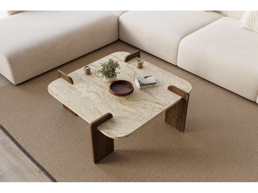 Mesa baja de madera "Afrolli" - 90 x 90 x 35 cm - Travertino
