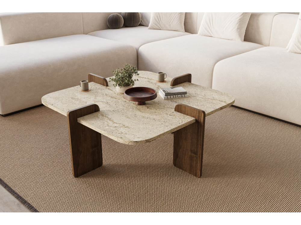 Mesa baja de madera "Poalla" - 90 x 90 x 35 cm - Travertino