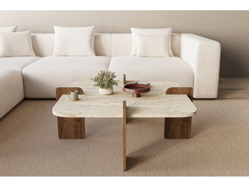 Mesa baja de madera "Poalla" - 90 x 90 x 35 cm - Travertino