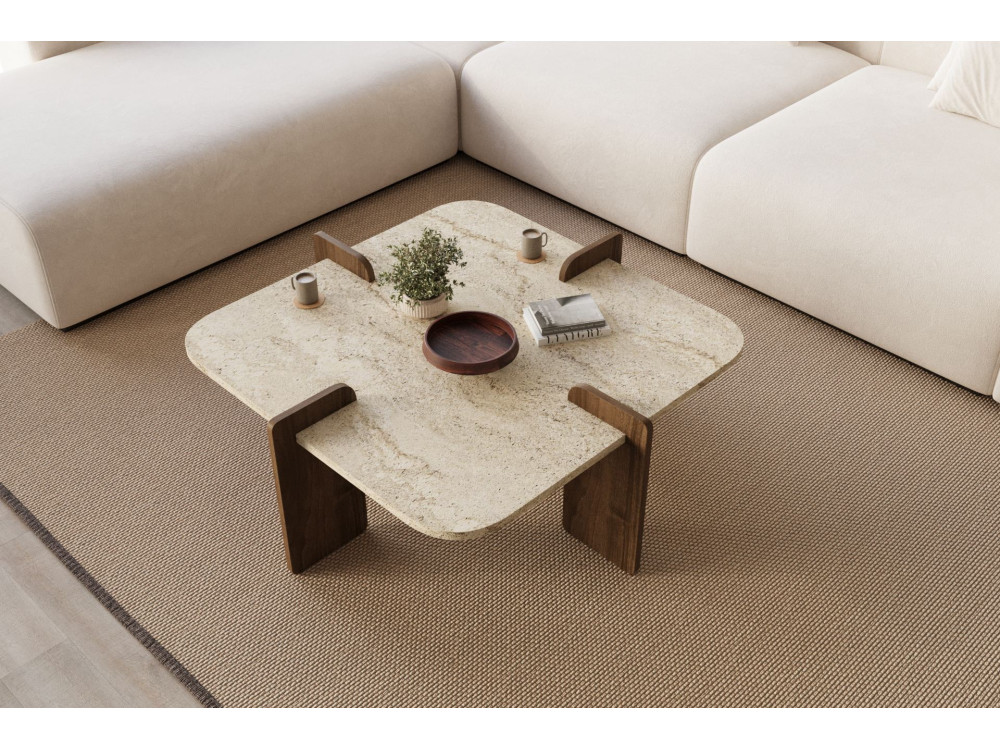 Mesa baja de madera "Poalla" - 90 x 90 x 35 cm - Travertino