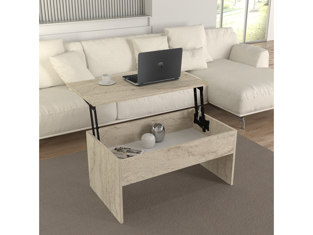 Mesa baja "Akilli" con caja de madera - 90 x 45 x 52 cm - Travertino