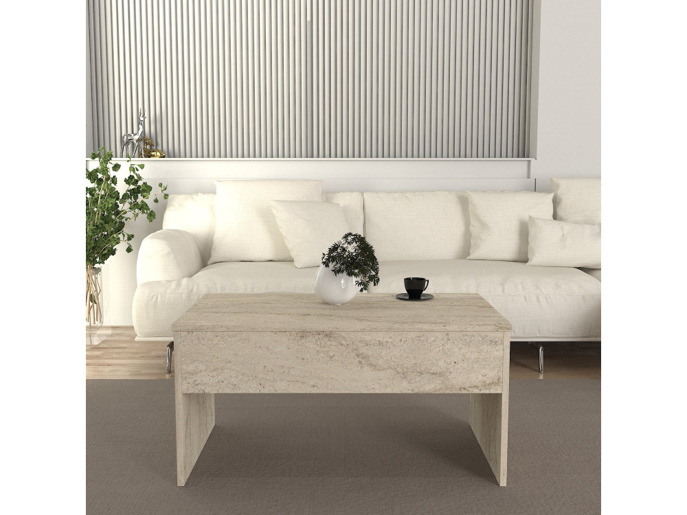Mesa baja "Akilli" con caja de madera - 90 x 45 x 52 cm - Travertino