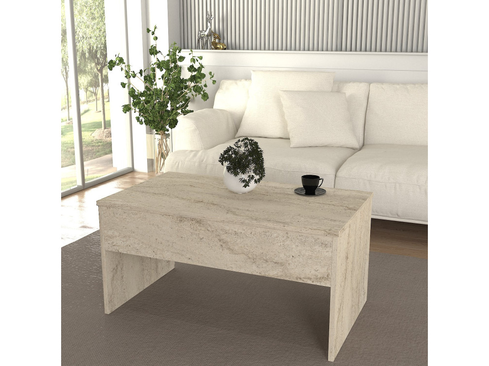 Mesa baja "Akilli" con caja de madera - 90 x 45 x 52 cm - Travertino