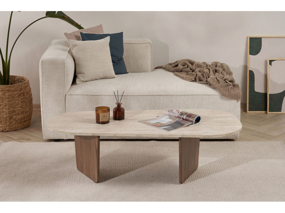 Mesa baja de madera "Ovalis" - 130 x 65 x 40 cm - Travertino / Nogal