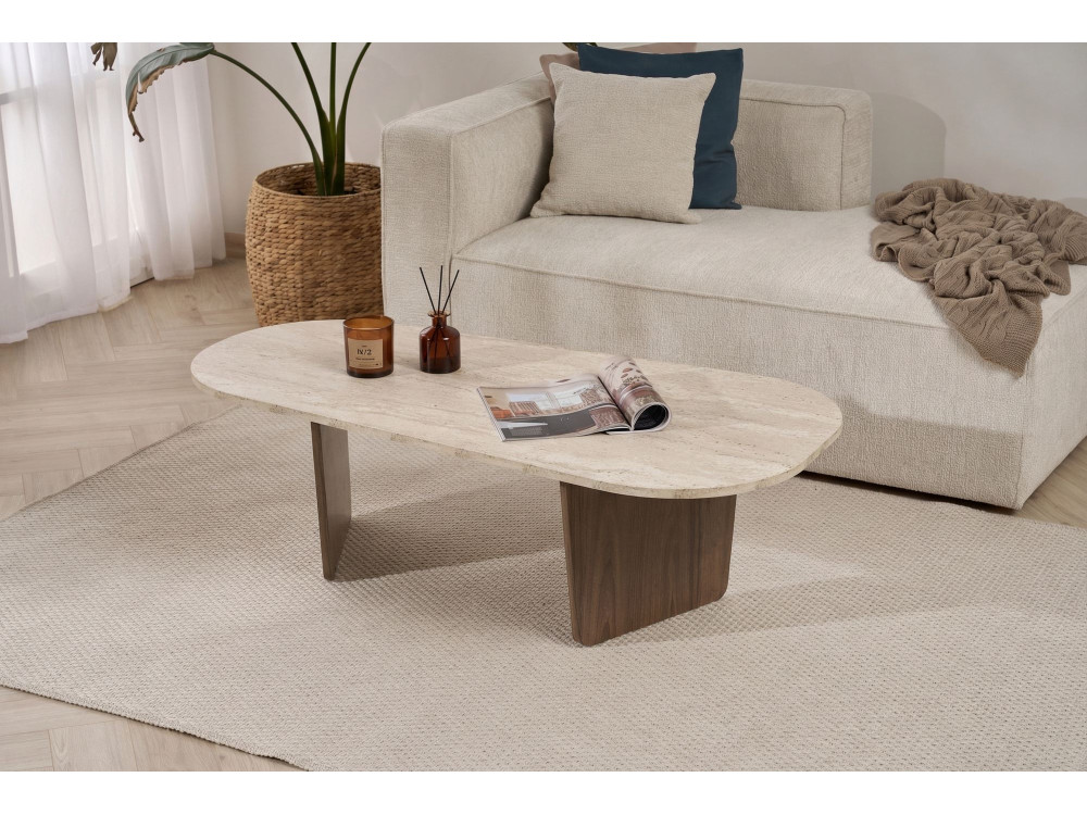 Mesa baja de madera "Ovalis" - 130 x 65 x 40 cm - Travertino / Nogal