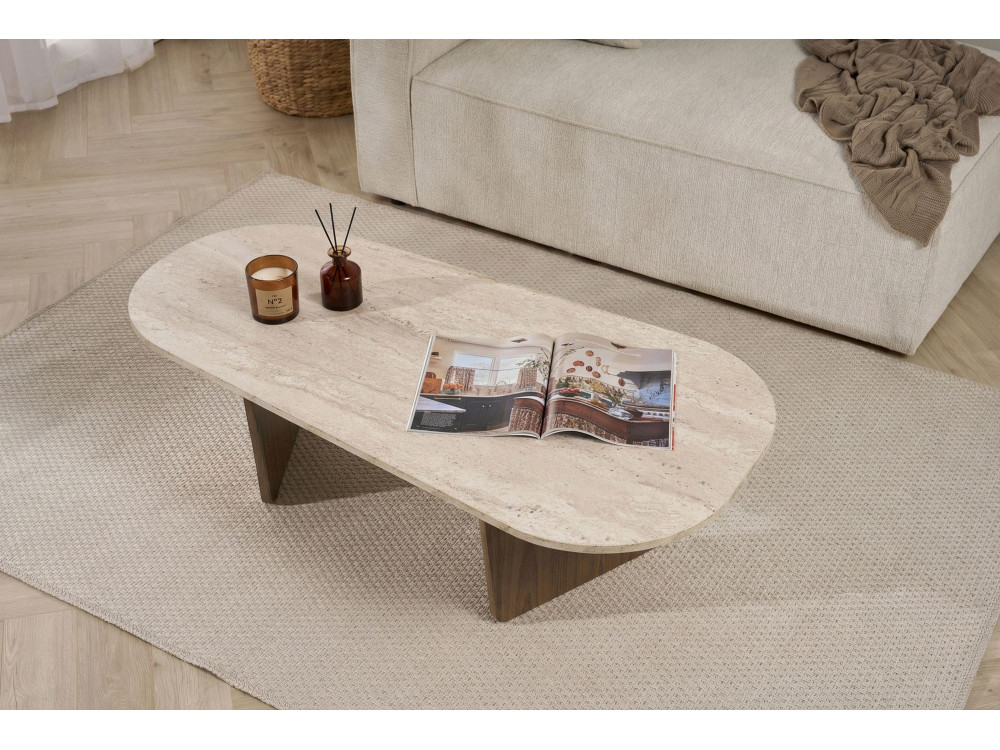 Mesa baja de madera "Ovalis" - 130 x 65 x 40 cm - Travertino / Nogal