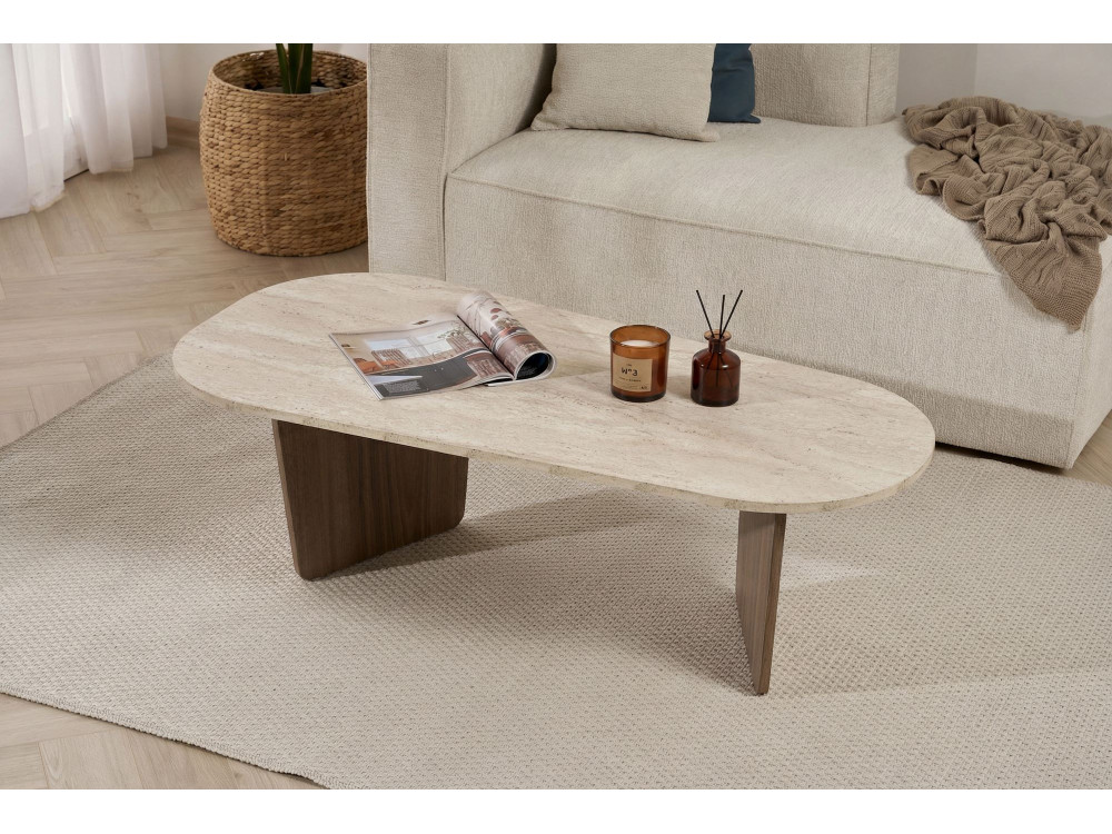 Mesa baja de madera "Ovalis" - 130 x 65 x 40 cm - Travertino / Nogal