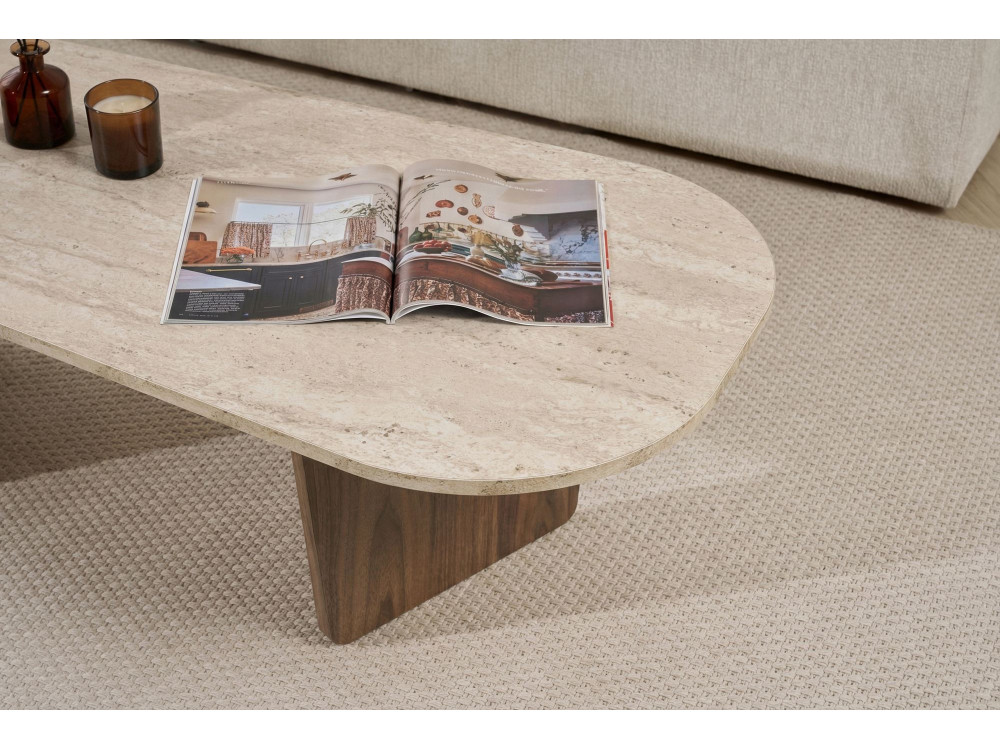 Mesa baja de madera "Ovalis" - 130 x 65 x 40 cm - Travertino / Nogal