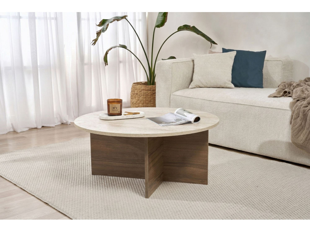 Mesa baja de madera "Soleil" - 90 x 90 x 40 cm - Travertino