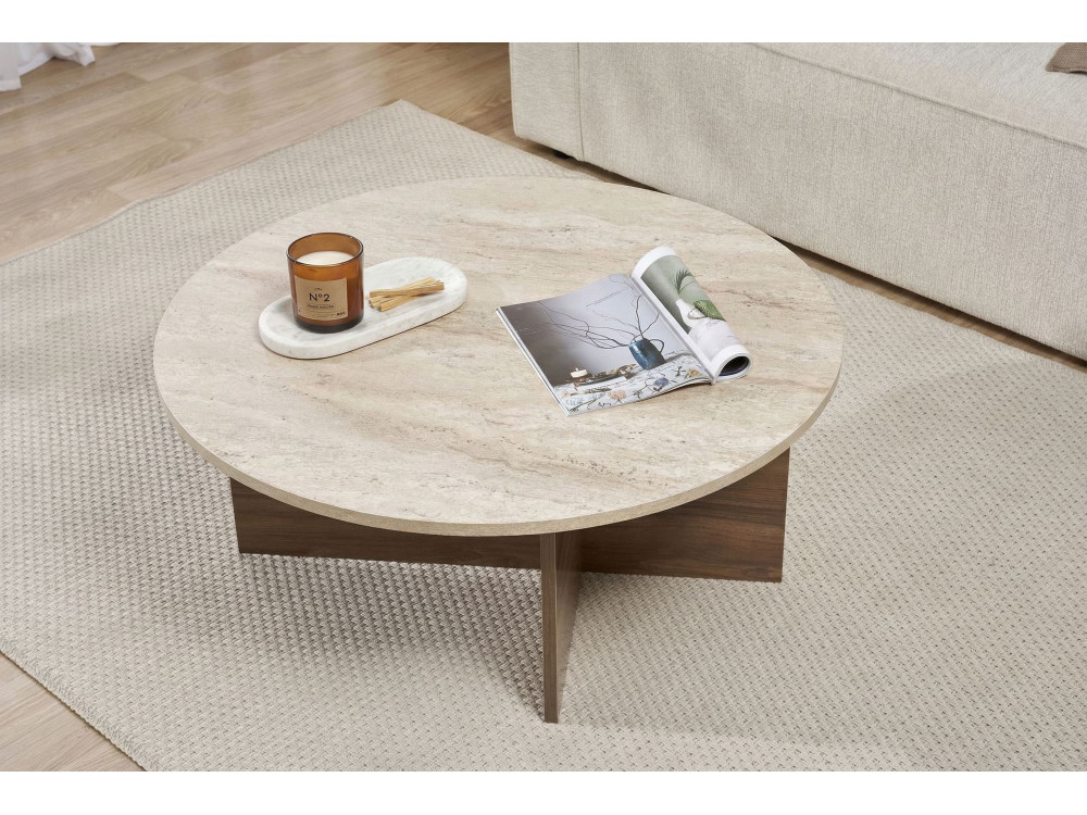 Mesa baja de madera "Soleil" - 90 x 90 x 40 cm - Travertino