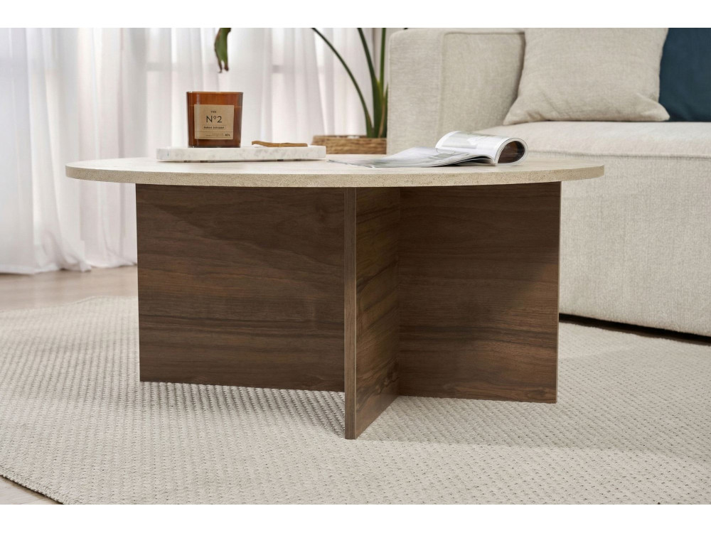 Mesa baja de madera "Soleil" - 90 x 90 x 40 cm - Travertino