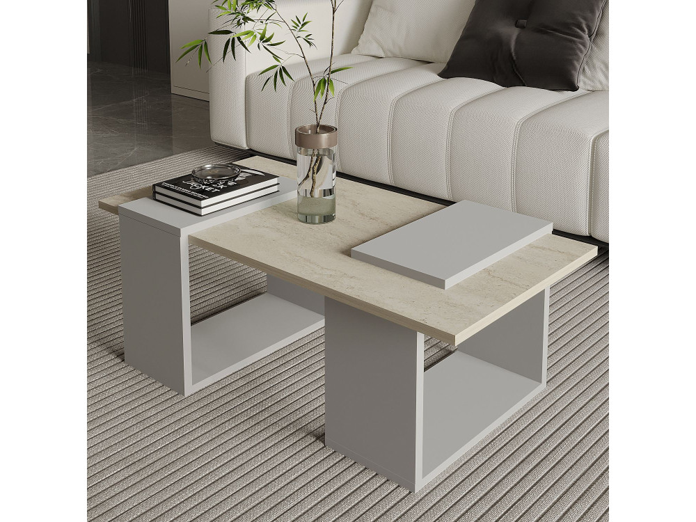 Mesa baja de madera "Matris" - 90 x 46 x 37 cm - Travertino