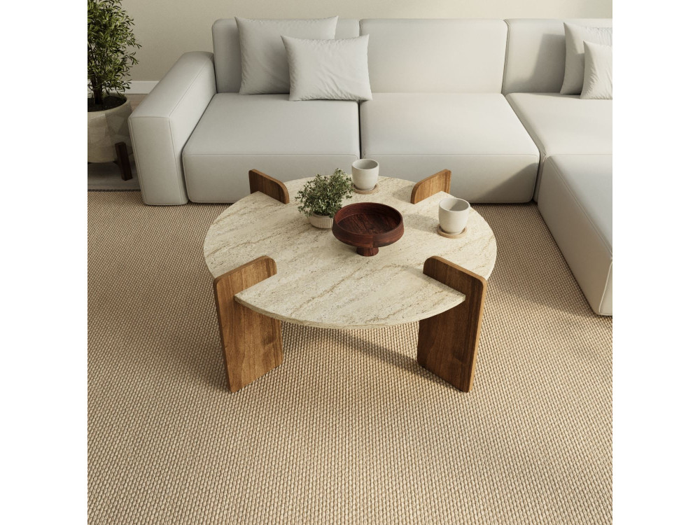 Mesa baja de madera "Avoure" - 90 x 90 x 35 cm - Travertino