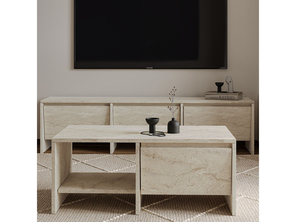 Mesa baja de madera "Laris" - 90 x 45 x 35 cm - Travertino