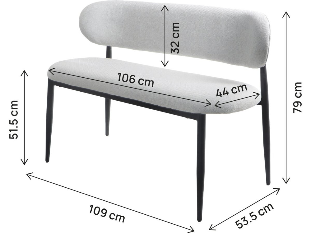 Banco de tela - 110 cm - "Sélène" - 3 plazas - Gris claro y Negro