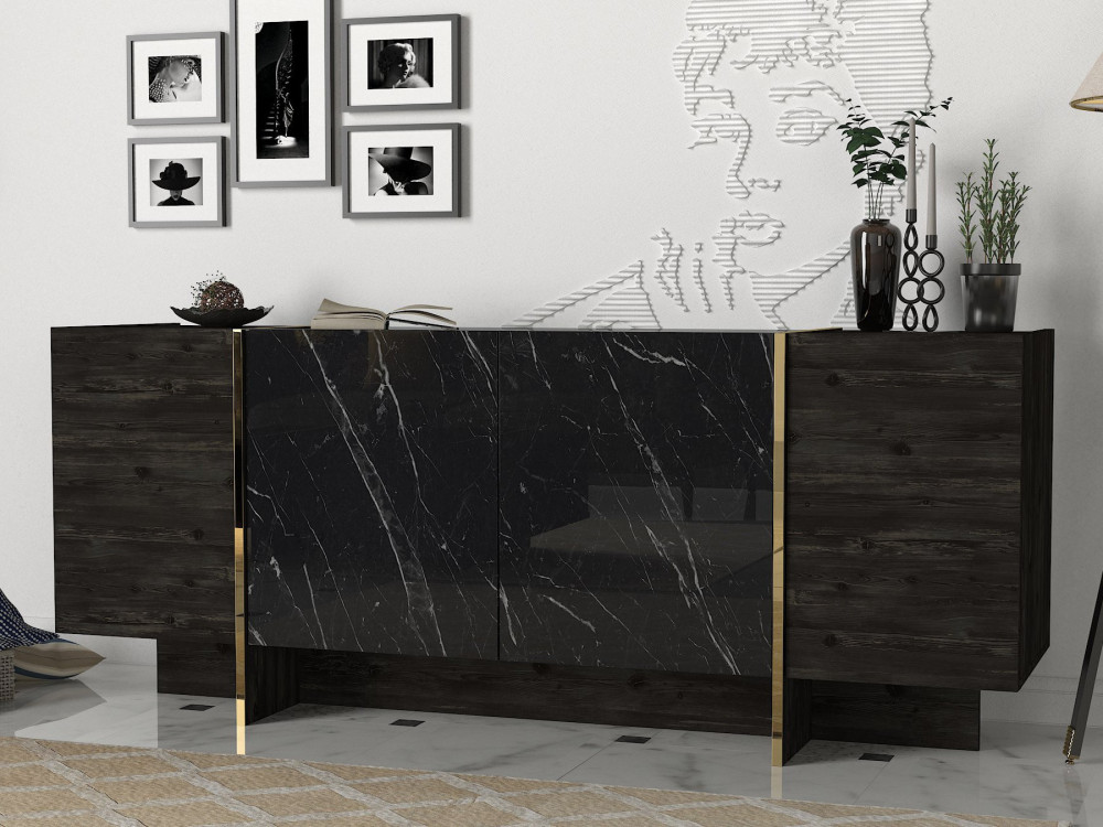Aparador de madera "Veyron" - 180 x 46 x 75 cm - Negro/Dorado