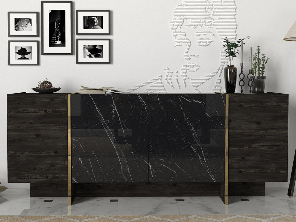 Aparador de madera "Veyron" - 180 x 46 x 75 cm - Negro/Dorado