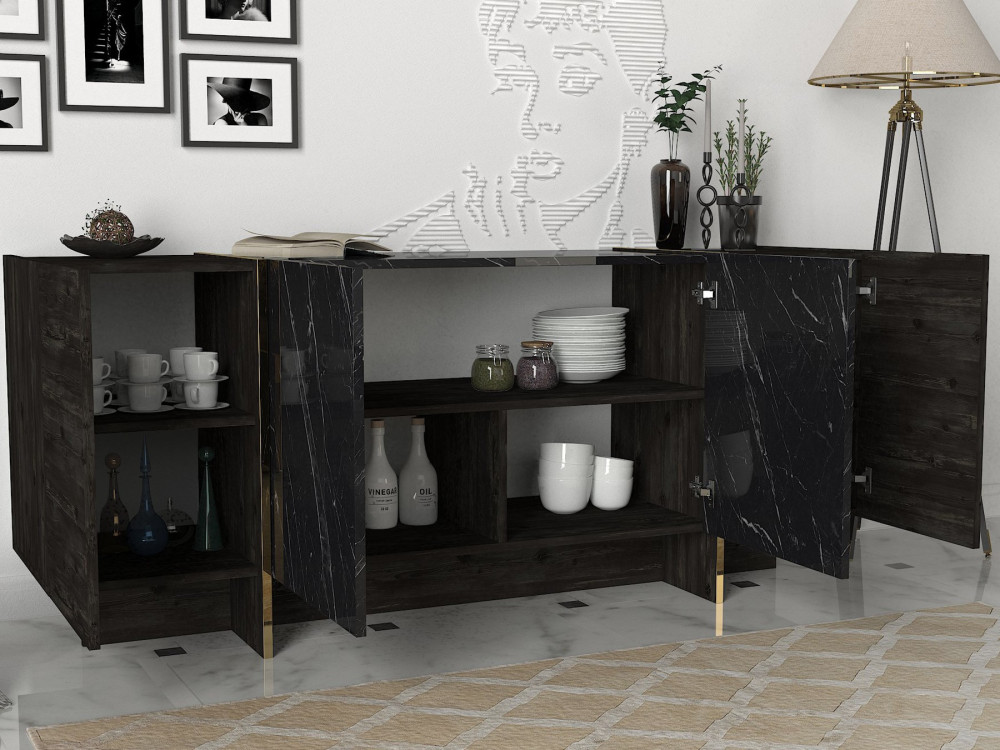 Aparador de madera "Veyron" - 180 x 46 x 75 cm - Negro/Dorado