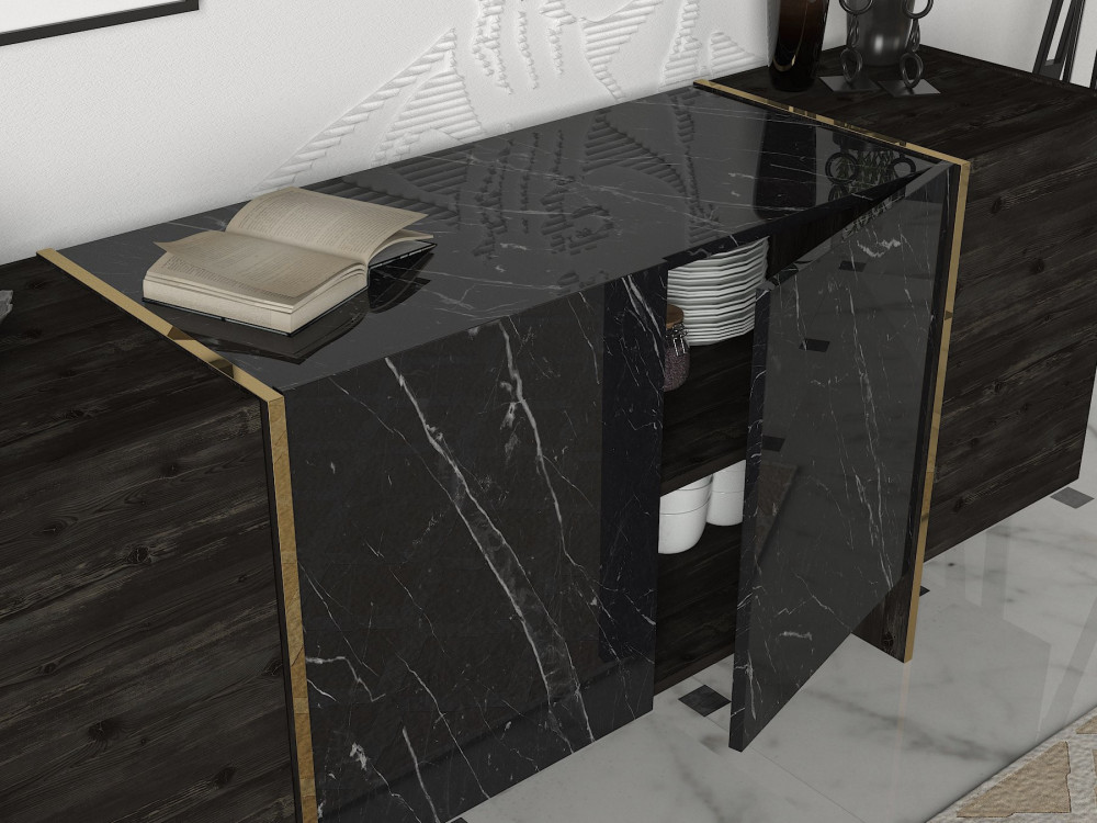 Aparador de madera "Veyron" - 180 x 46 x 75 cm - Negro/Dorado