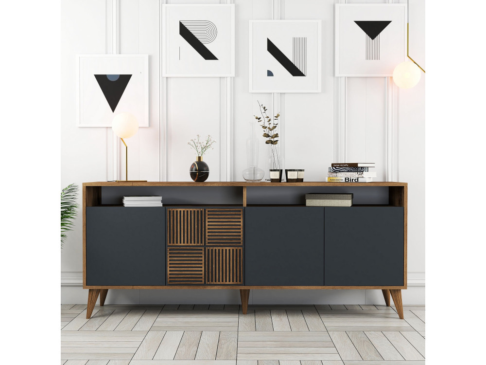 Aparador de madera "Milan" - 180 x 35 x 78 cm - Nogal Antracita