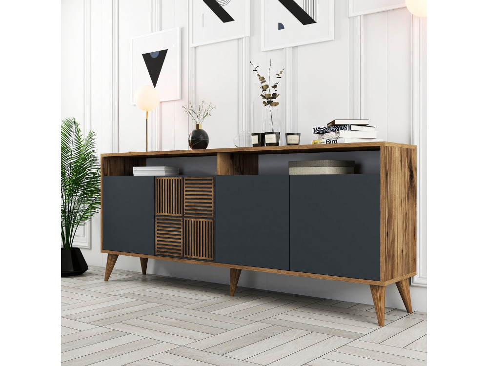 Aparador de madera "Milan" - 180 x 35 x 78 cm - Nogal Antracita