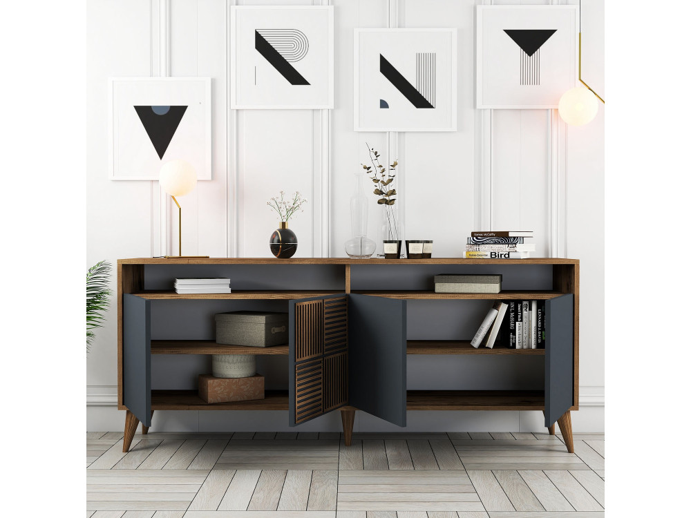 Aparador de madera "Milan" - 180 x 35 x 78 cm - Nogal Antracita