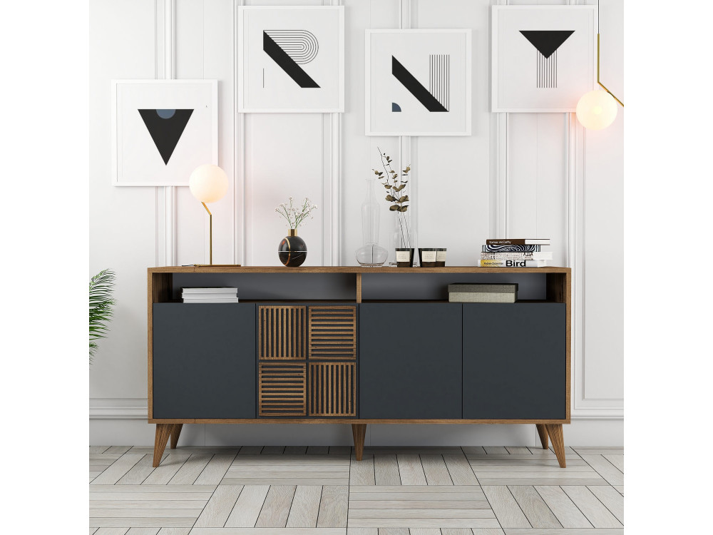 Aparador de madera "Milan" - 160 x 35 x 78 cm - Nogal, Antracita