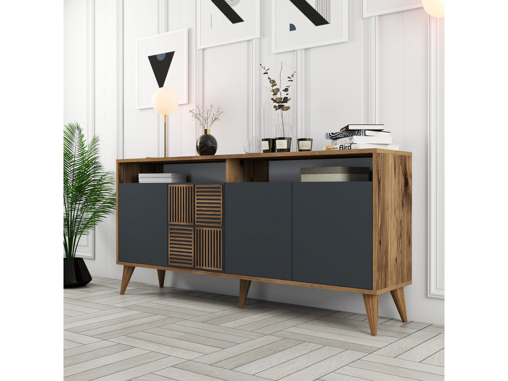Aparador de madera "Milan" - 160 x 35 x 78 cm - Nogal, Antracita