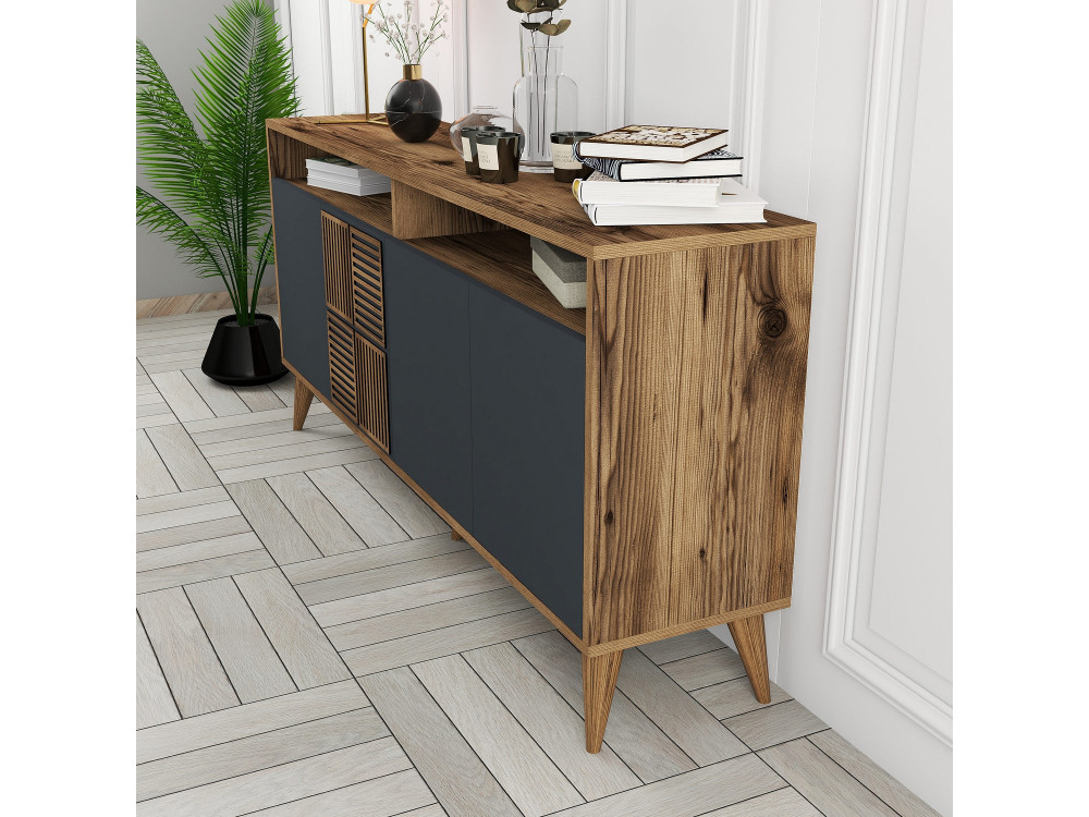 Aparador de madera "Milan" - 160 x 35 x 78 cm - Nogal, Antracita