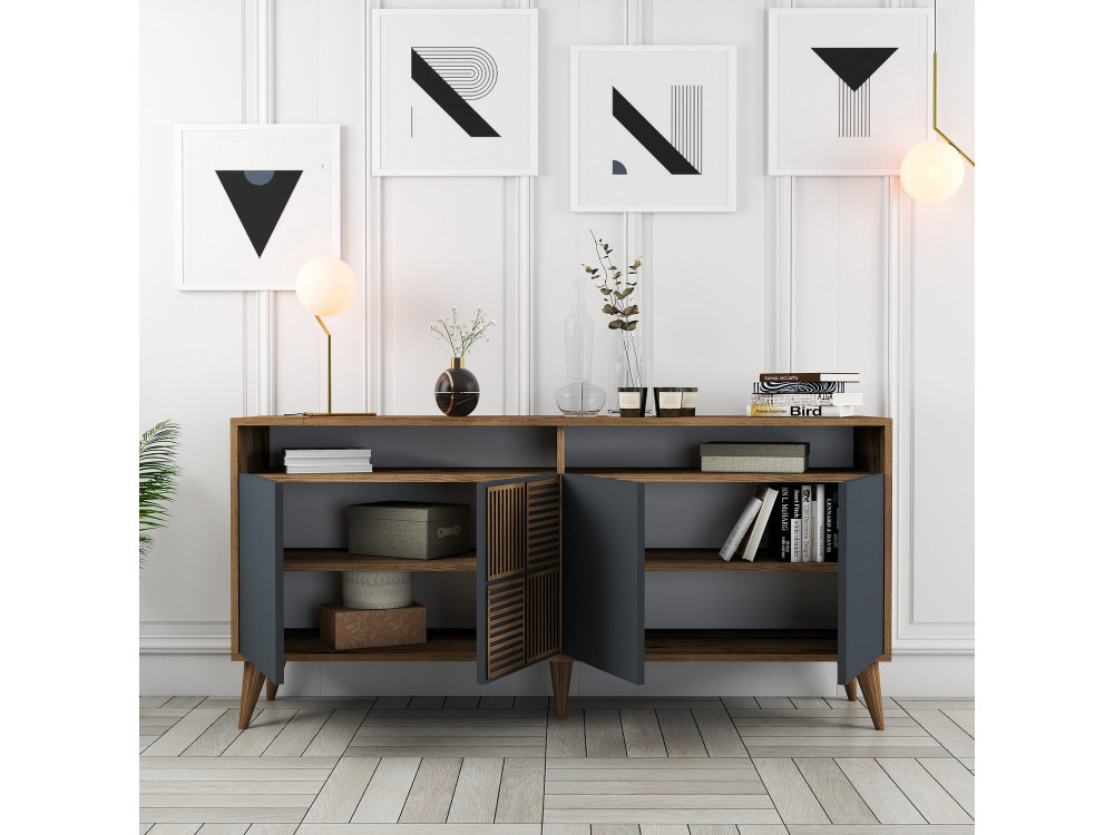Aparador de madera "Milan" - 160 x 35 x 78 cm - Nogal, Antracita