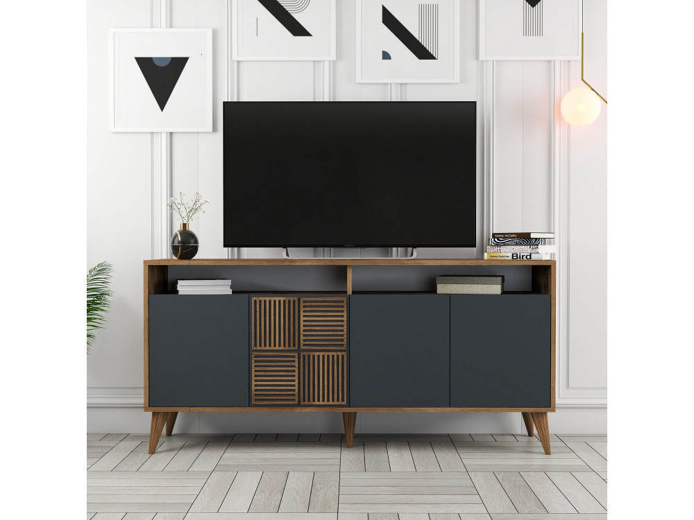 Aparador de madera "Milan" - 160 x 35 x 78 cm - Nogal, Antracita