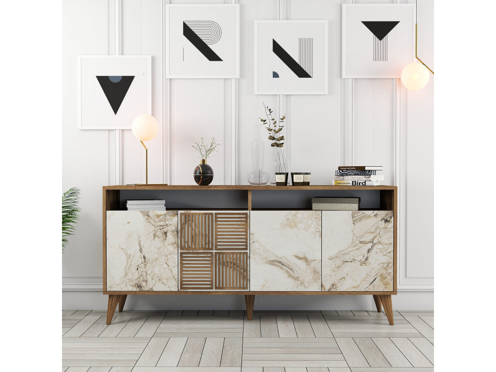 Aparador de madera "Milan" - 160 x 35 x 78 cm - Nogal, Mármol blanco