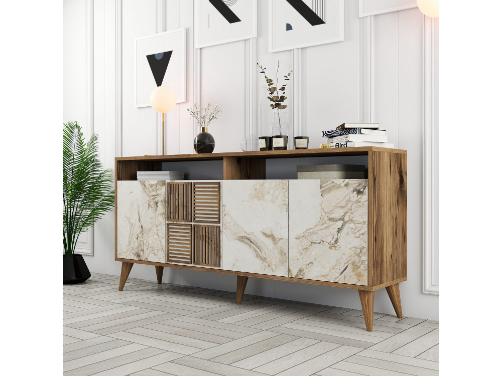 Aparador de madera "Milan" - 160 x 35 x 78 cm - Nogal, Mármol blanco