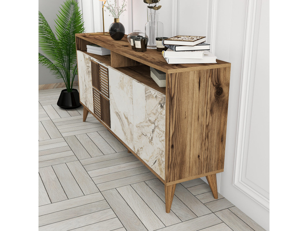 Aparador de madera "Milan" - 160 x 35 x 78 cm - Nogal, Mármol blanco