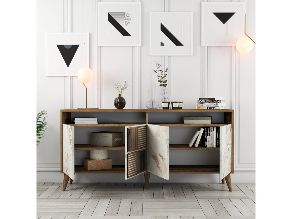 Aparador de madera "Milan" - 160 x 35 x 78 cm - Nogal, Mármol blanco
