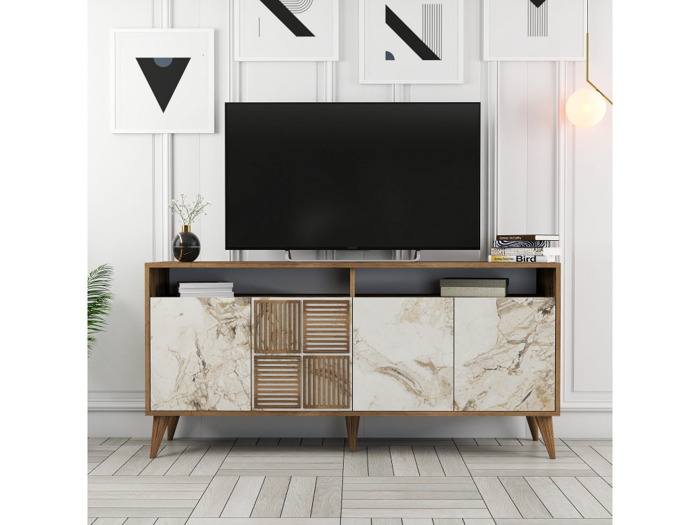 Aparador de madera "Milan" - 160 x 35 x 78 cm - Nogal, Mármol blanco