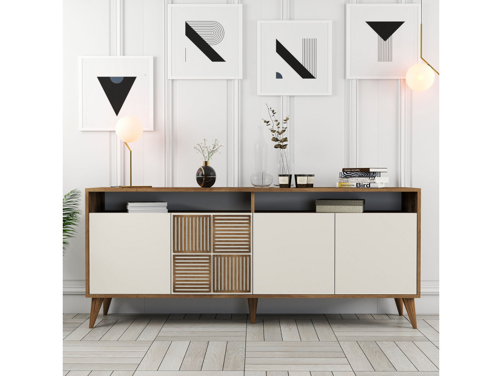 Aparador de madera "Milan" - 180 x 35 x 78 cm - Nogal, Crema
