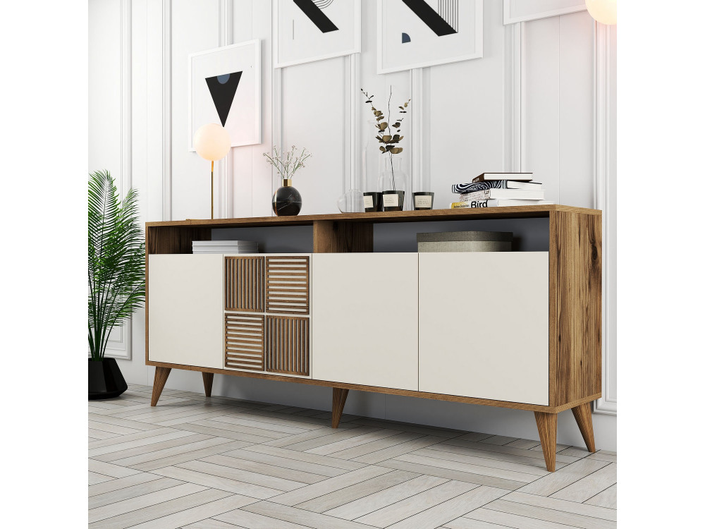 Aparador de madera "Milan" - 180 x 35 x 78 cm - Nogal, Crema