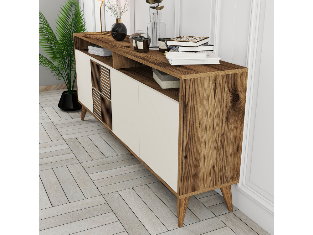 Aparador de madera "Milan" - 180 x 35 x 78 cm - Nogal, Crema