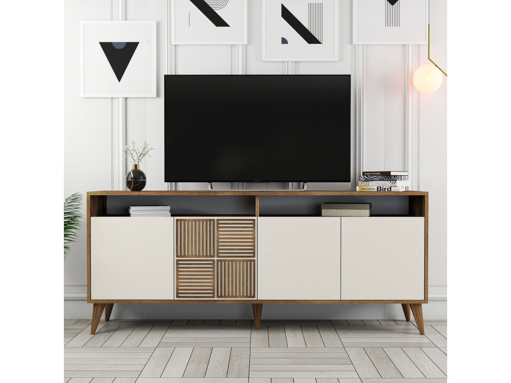 Aparador de madera "Milan" - 180 x 35 x 78 cm - Nogal, Crema