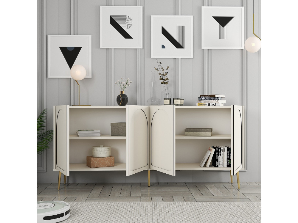 Aparador de madera "Lyon" - 180 x 35 x 80 cm - Crema, Oro