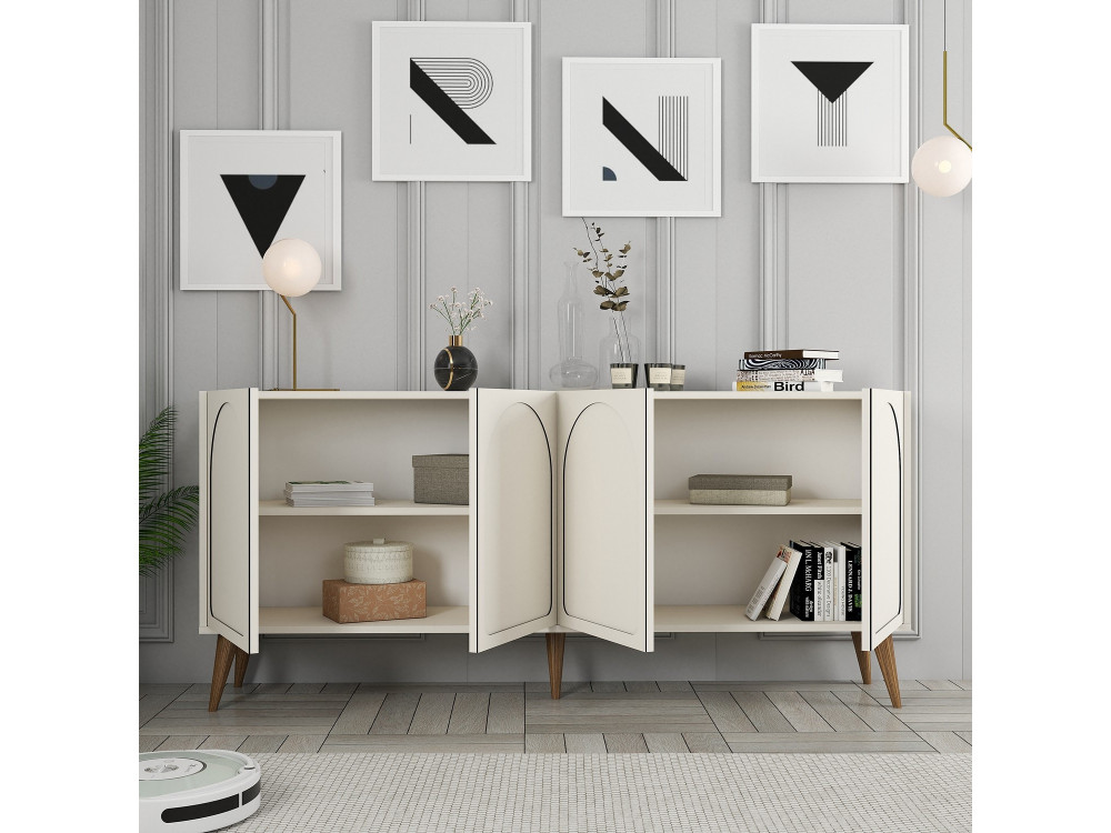 Aparador de madera "Lyon" - 180 x 35 x 81 cm - Crema, Nogal