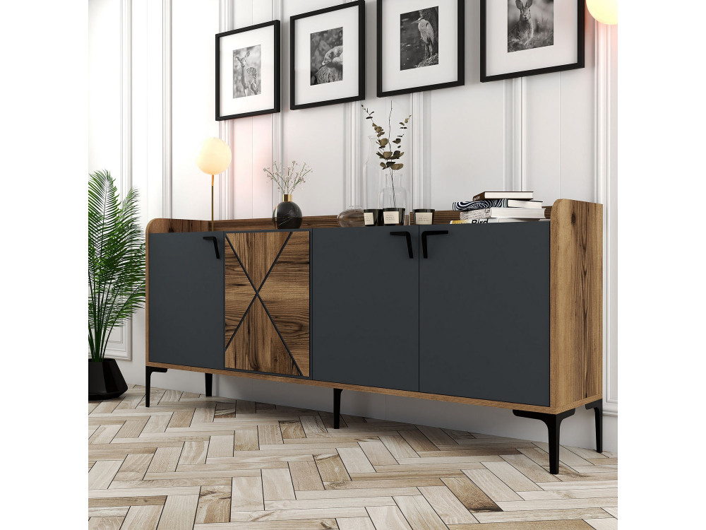 Aparador de madera "Venedik" - 180 x 35 x 78 cm - Gris antracita