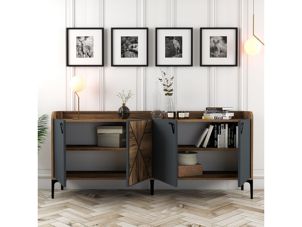 Aparador de madera "Venedik" - 180 x 35 x 78 cm - Gris antracita