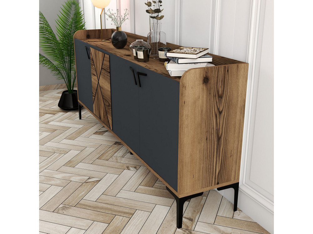 Aparador de madera "Venedik" - 180 x 35 x 78 cm - Gris antracita