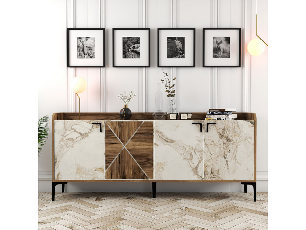 Aparador de madera "Venedik" - 180 x 35 x 78 cm - Blanco jaspeado