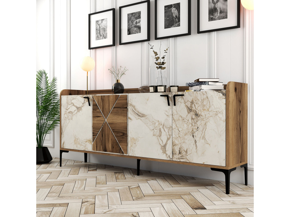 Aparador de madera "Venedik" - 180 x 35 x 78 cm - Blanco jaspeado