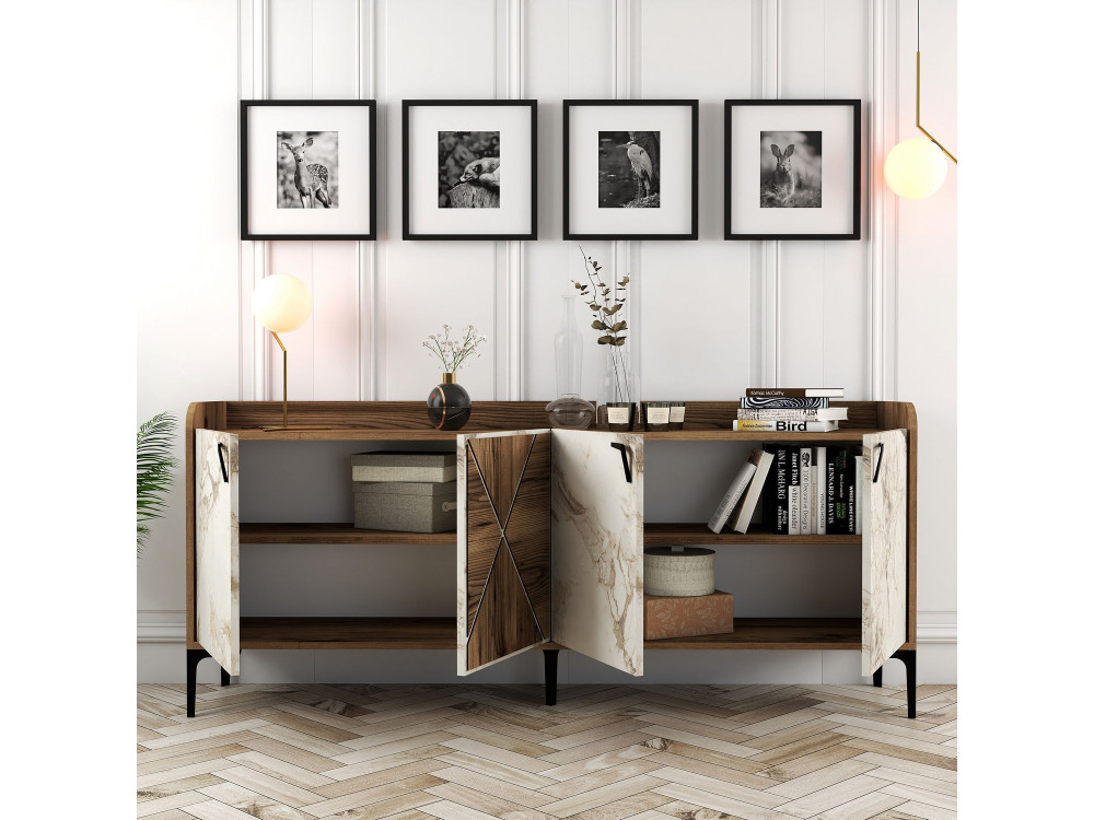 Aparador de madera "Venedik" - 180 x 35 x 78 cm - Blanco jaspeado