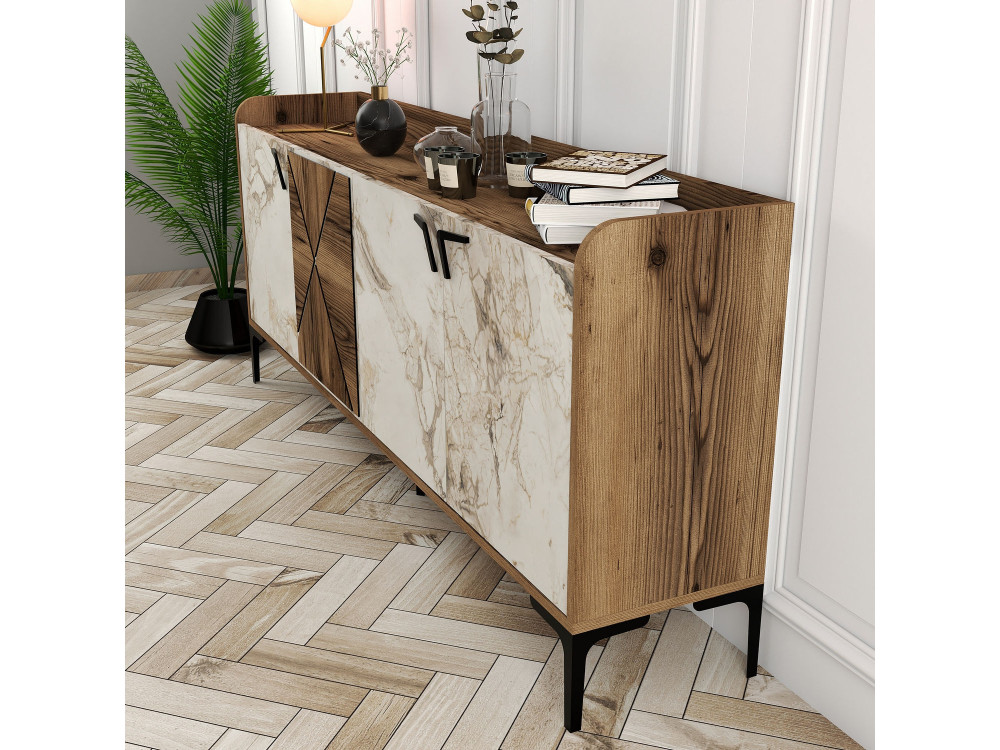 Aparador de madera "Venedik" - 180 x 35 x 78 cm - Blanco jaspeado
